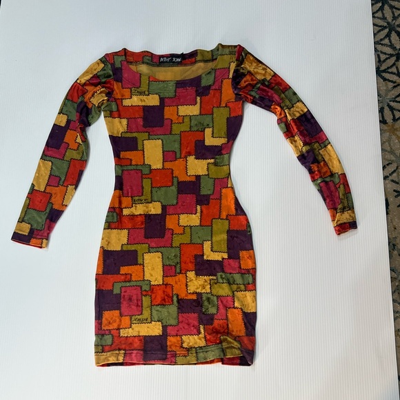 Betsey Johnson Multicolor Patchwork Long Sleeve Dress bodycon - Picture 9 of 14